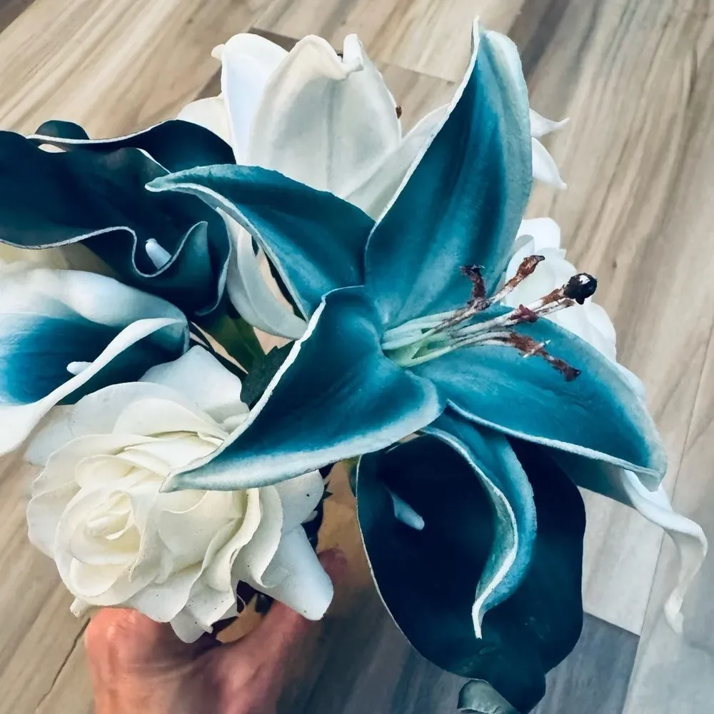 Teal White Floral Calla Lily Rose Wedding Bridal Bouquet